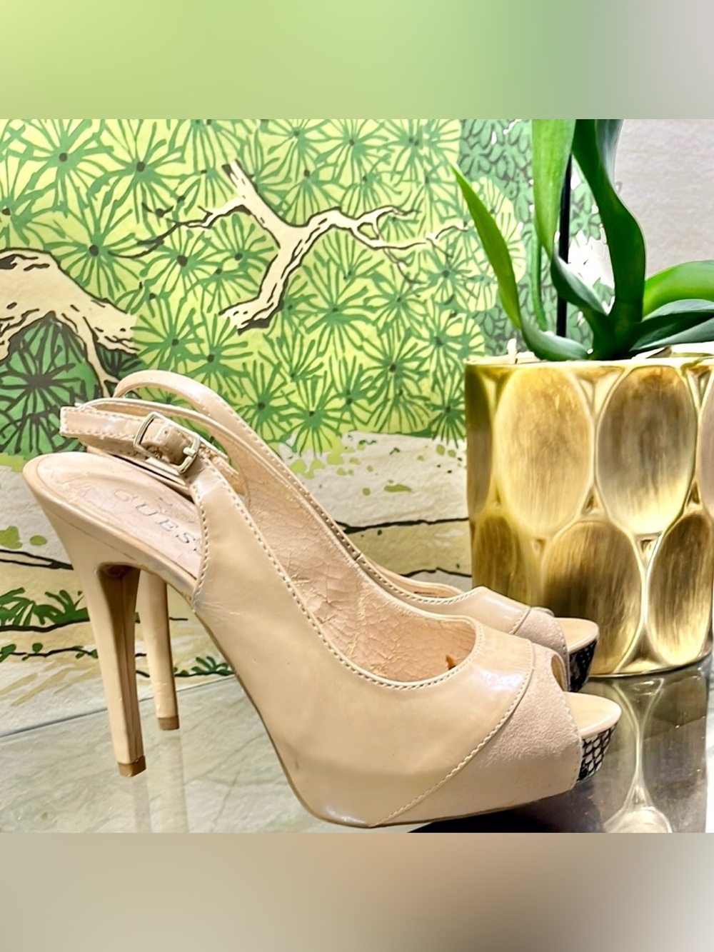 GUESS Beige Stiletto Slingback Heels With Snakeskin Accent